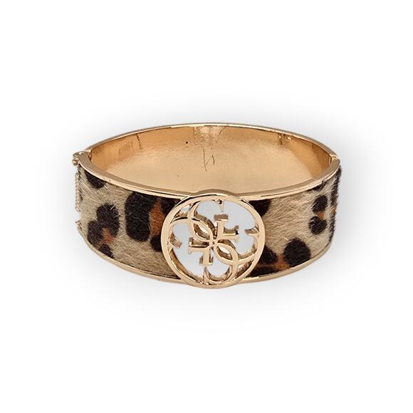 Guess Leopard Faux-Fur Logo Hinged Bangle – Gold-Tone Statement Bracelet - Picture 7 of 13
